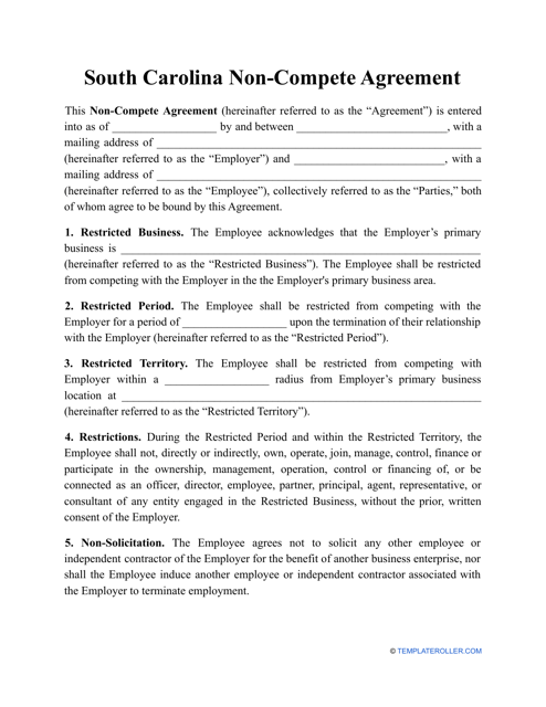 Non-compete Agreement Template - South Carolina Download Pdf