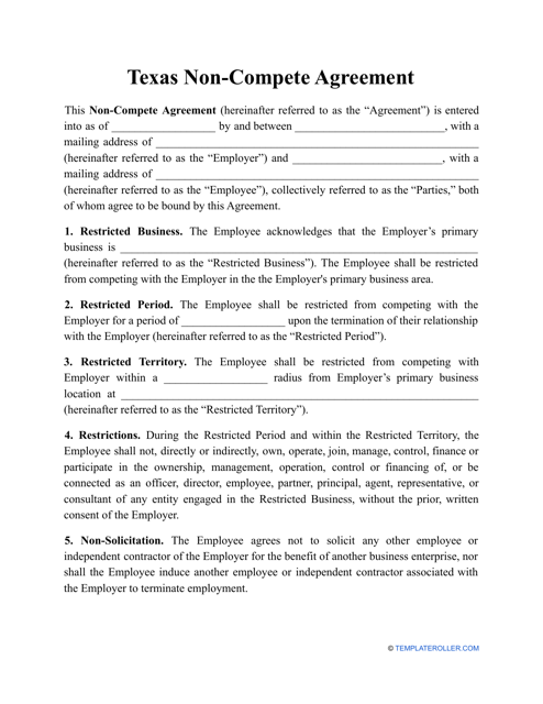 Non-compete Agreement Template - Texas Download Pdf