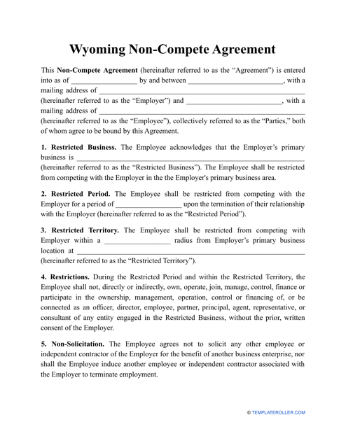 Non-compete Agreement Template - Wyoming Download Pdf