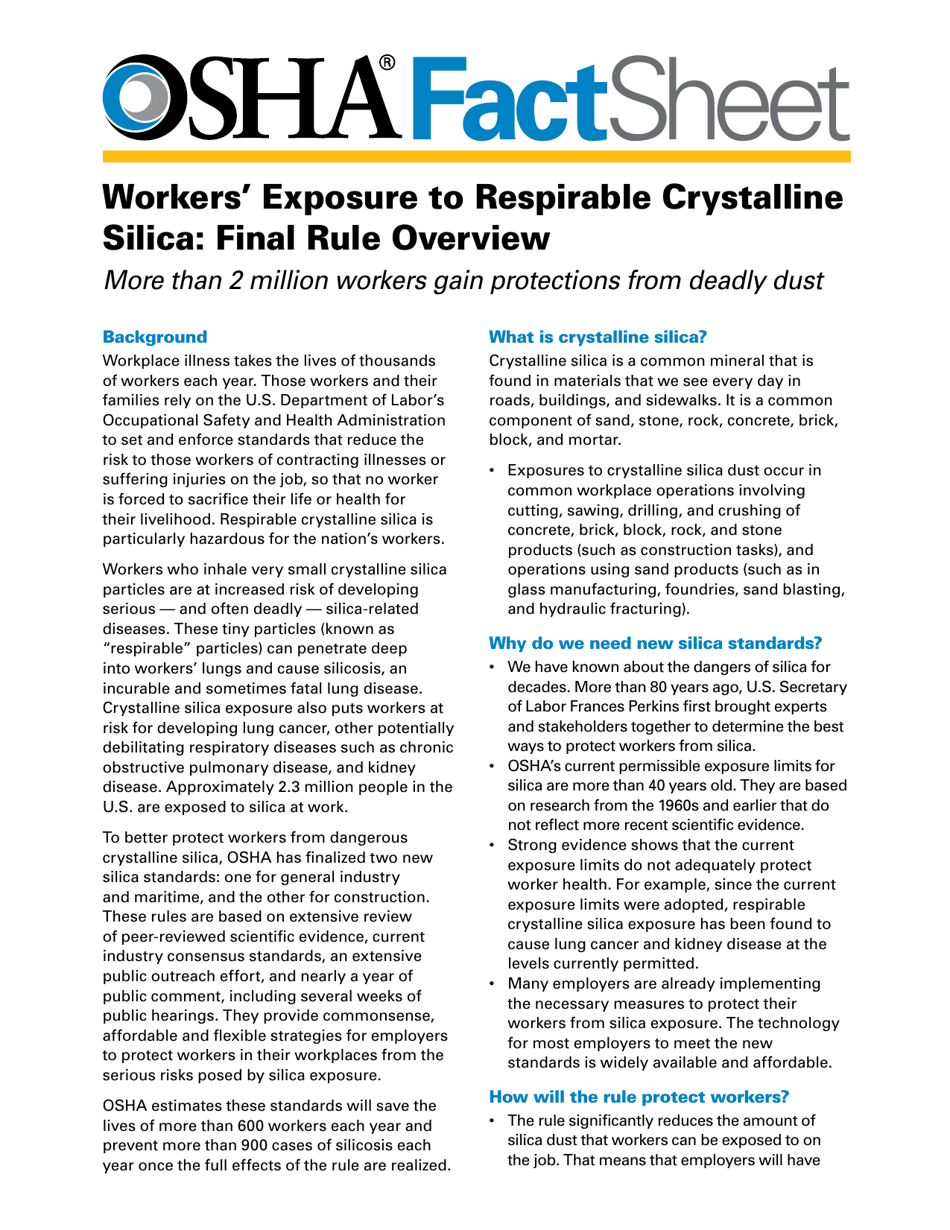 Workers Exposure to Respirable Crystalline Silica: Final Rule Overview Fact Sheet, Page 1