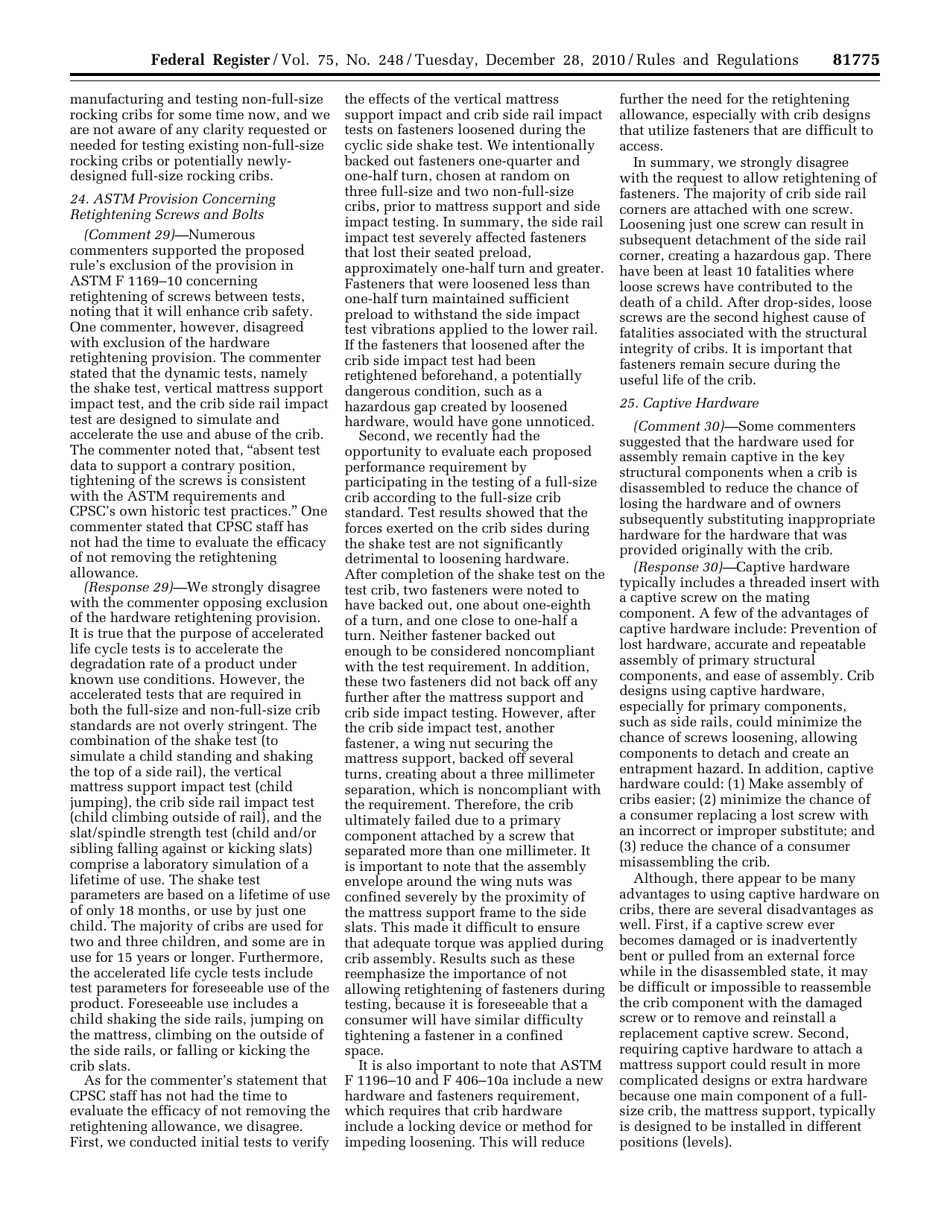 Federal Register - Rules and Regulations Part Iii: Safety Standards for Full-Size Baby Cribs and Non-full-Size Baby Cribs; Final Rule, Page 11