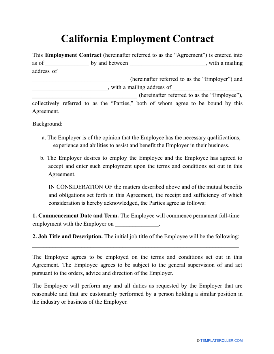 Employment Contract Template - California, Page 1