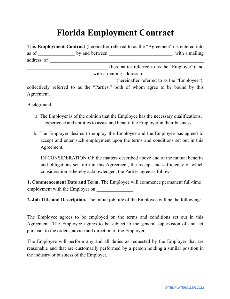 Employment Contract Template - Florida, Page 1