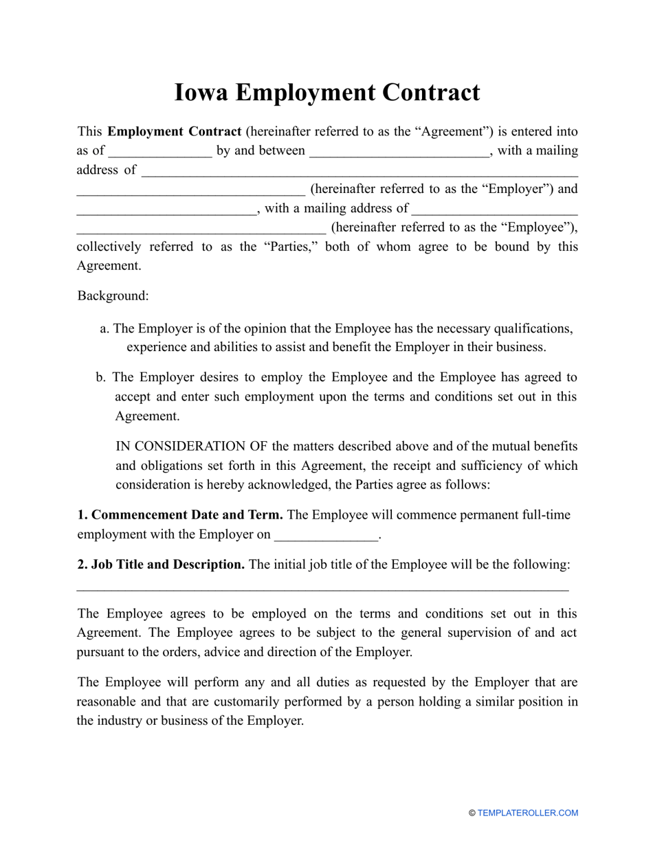 Iowa Employment Contract Template Fill Out, Sign Online and Download