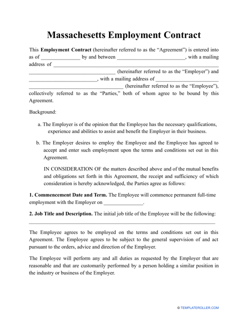 Employment Contract Template - Massachusetts Download Pdf