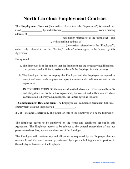 Employment Contract Template - North Carolina