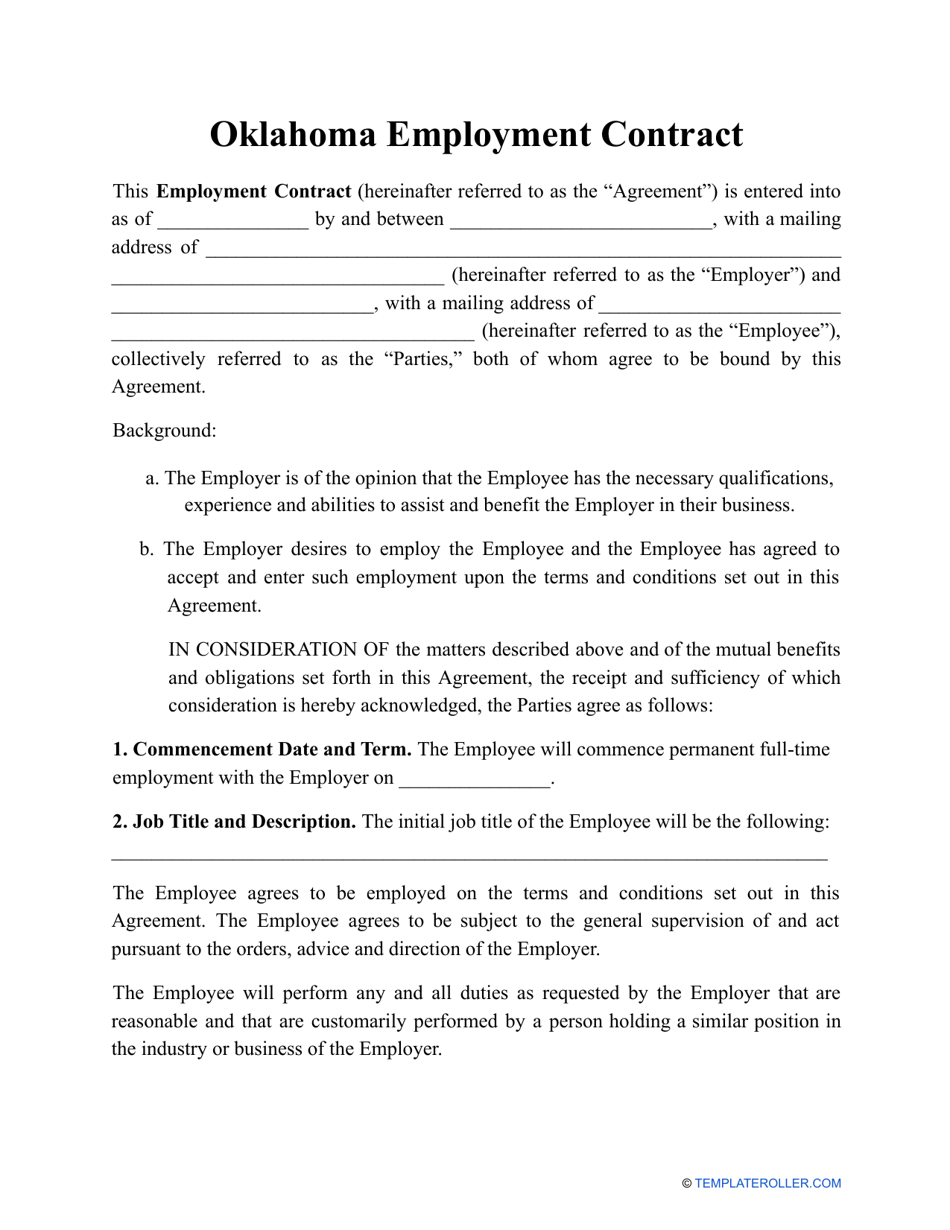 Oklahoma Employment Contract Template Fill Out, Sign Online and Download PDF Templateroller
