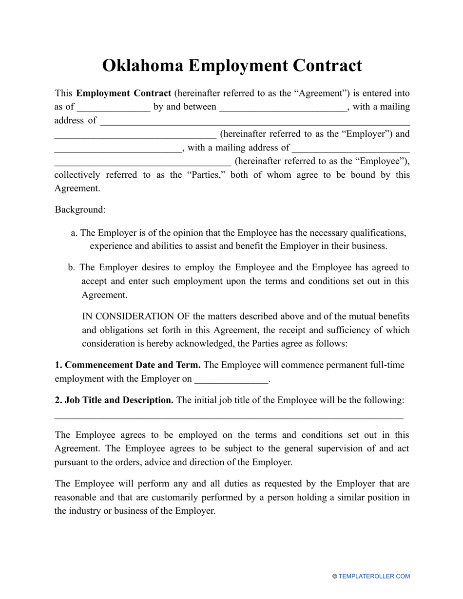 Employment Contract Template - Oklahoma, Page 1