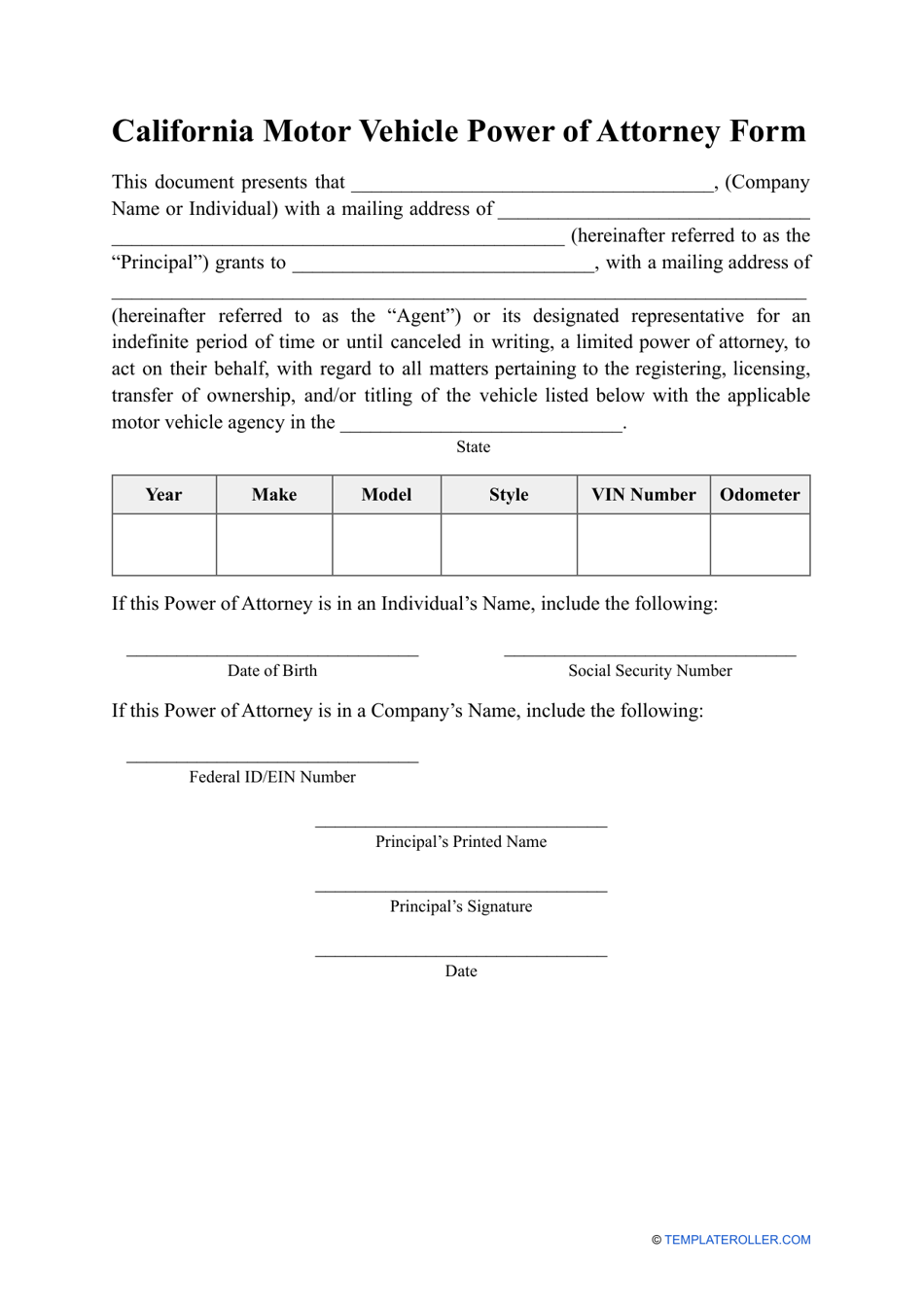 Motor Vehicle Power of Attorney Form - California, Page 1