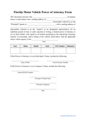 Document preview: Motor Vehicle Power of Attorney Form - Florida