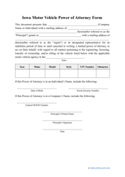 Document preview: Motor Vehicle Power of Attorney Form - Iowa