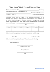 Document preview: Motor Vehicle Power of Attorney Form - Texas