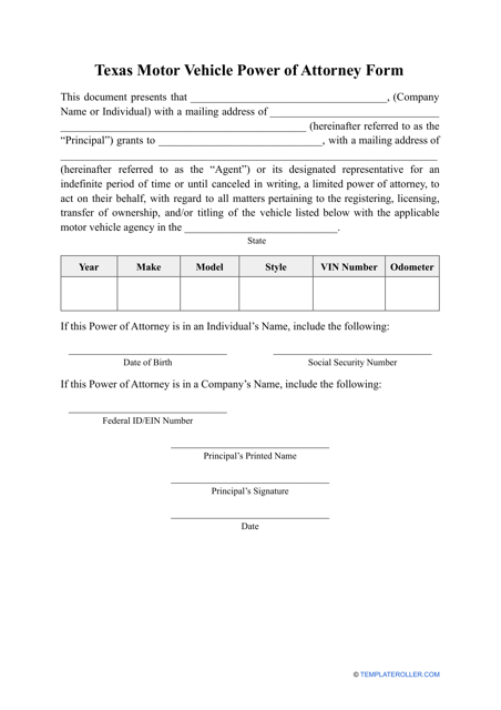 Motor Vehicle Power of Attorney Form - Texas Download Pdf