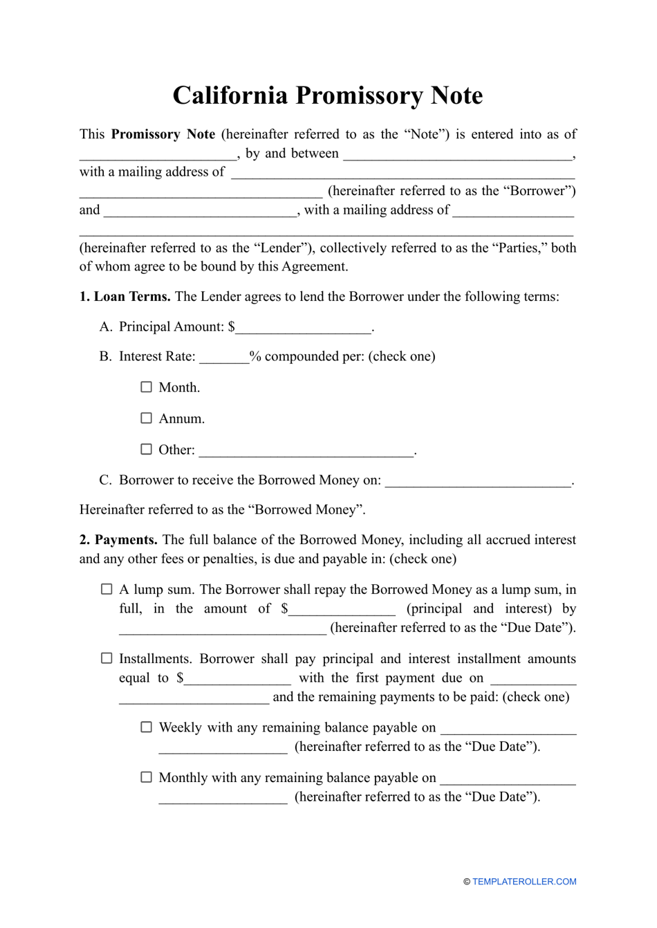 Promissory Note Template - California Document Preview