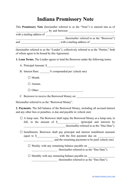 Promissory Note Template - Indiana