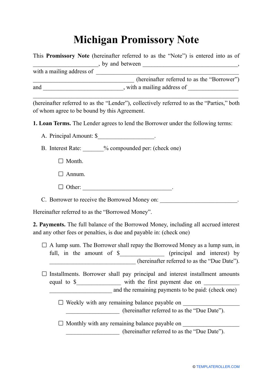 Michigan Promissory Note Template Fill Out Sign Online and Download
