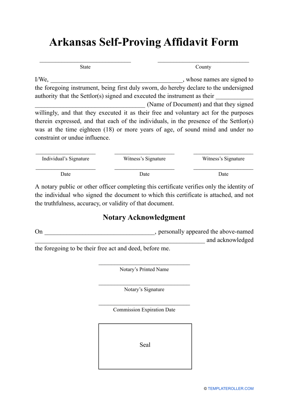 Self-proving Affidavit Form - Arkansas, Page 1