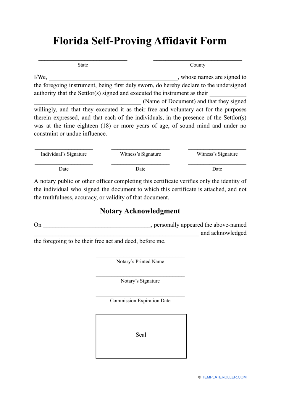 Self-proving Affidavit Form - Florida, Page 1
