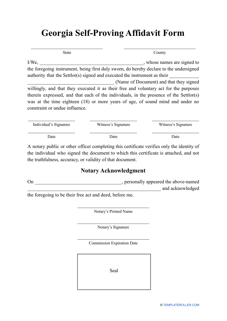 Self-proving Affidavit Form - Georgia (United States), Page 1