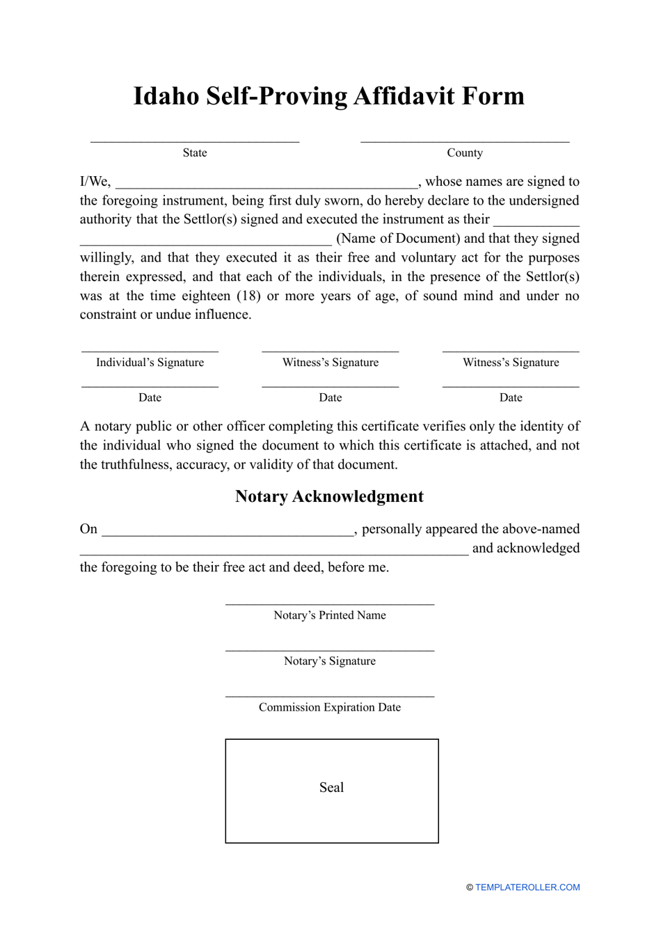 Self-proving Affidavit Form - Idaho, Page 1
