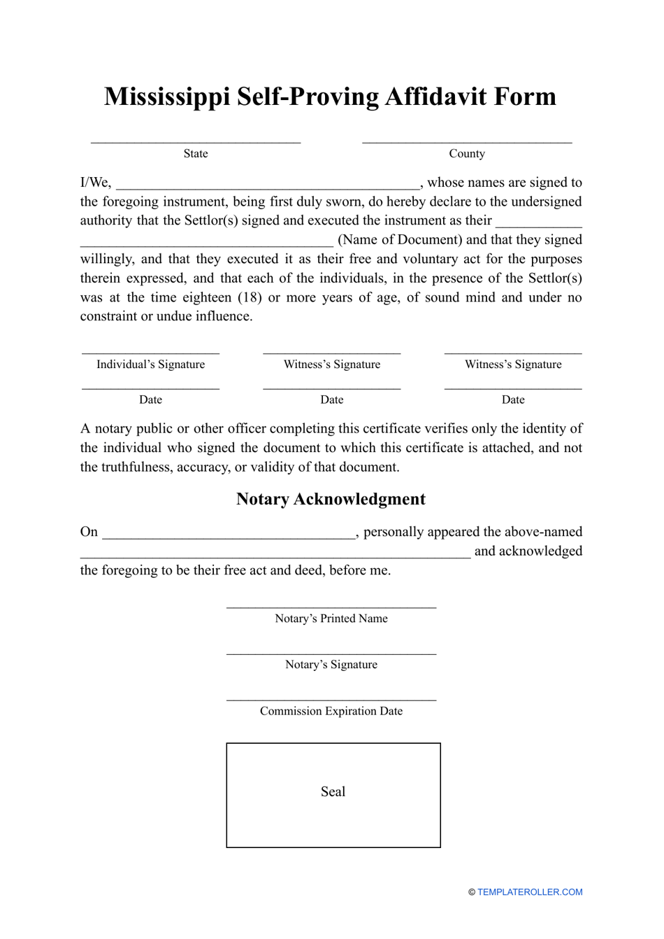 Self-proving Affidavit Form - Mississippi, Page 1