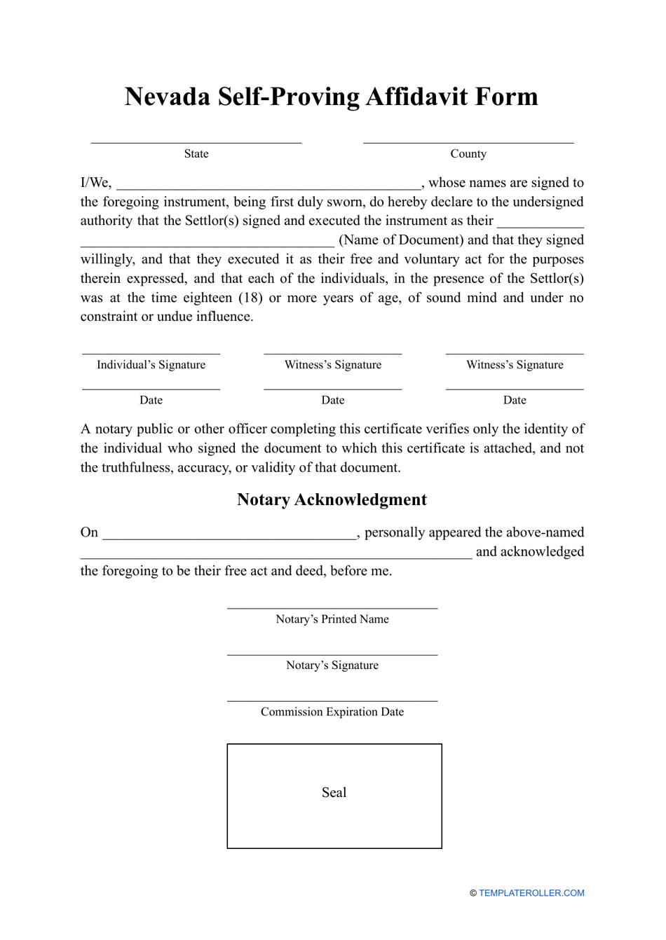 Self-proving Affidavit Form - Nevada, Page 1