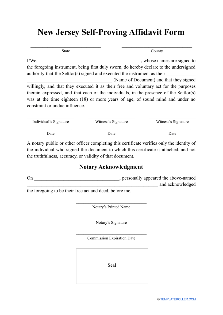 Self-proving Affidavit Form - New Jersey, Page 1