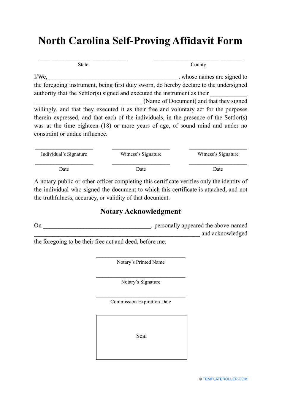 Self-proving Affidavit Form - North Carolina, Page 1