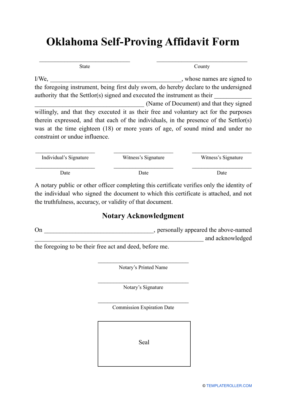 Self-proving Affidavit Form - Oklahoma, Page 1