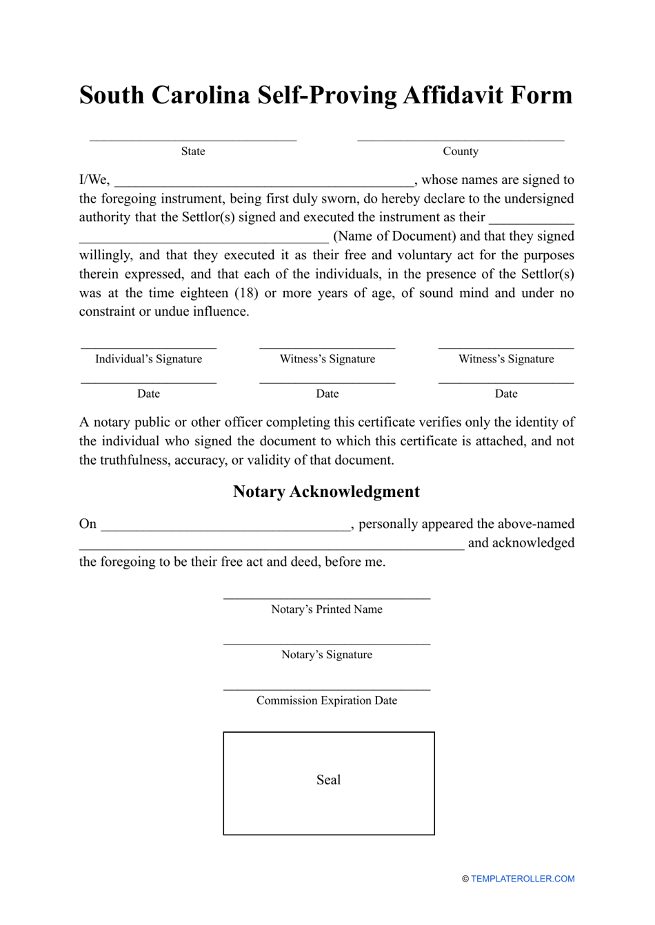 Self-proving Affidavit Form - South Carolina, Page 1