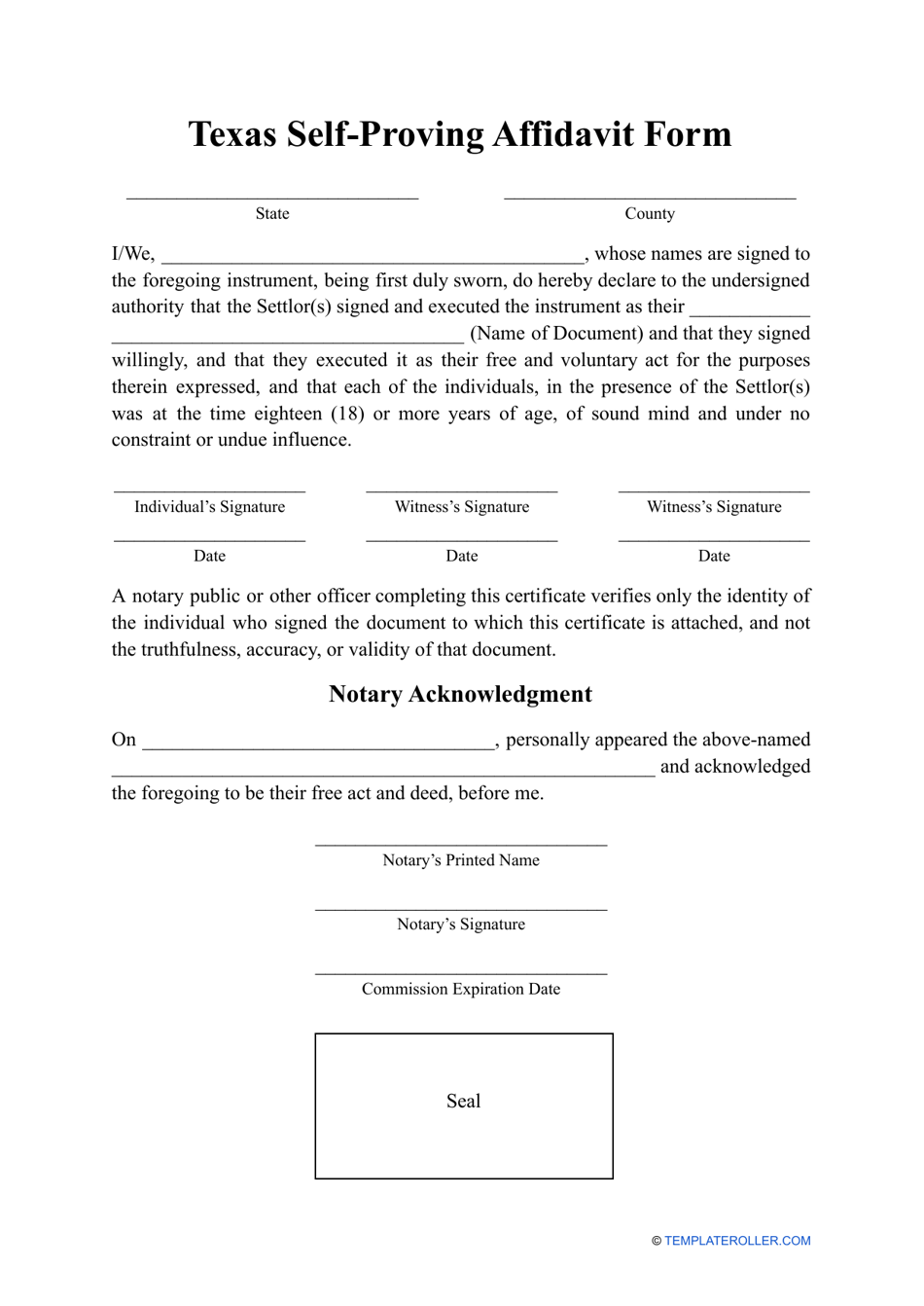 Self-proving Affidavit Form - Texas, Page 1