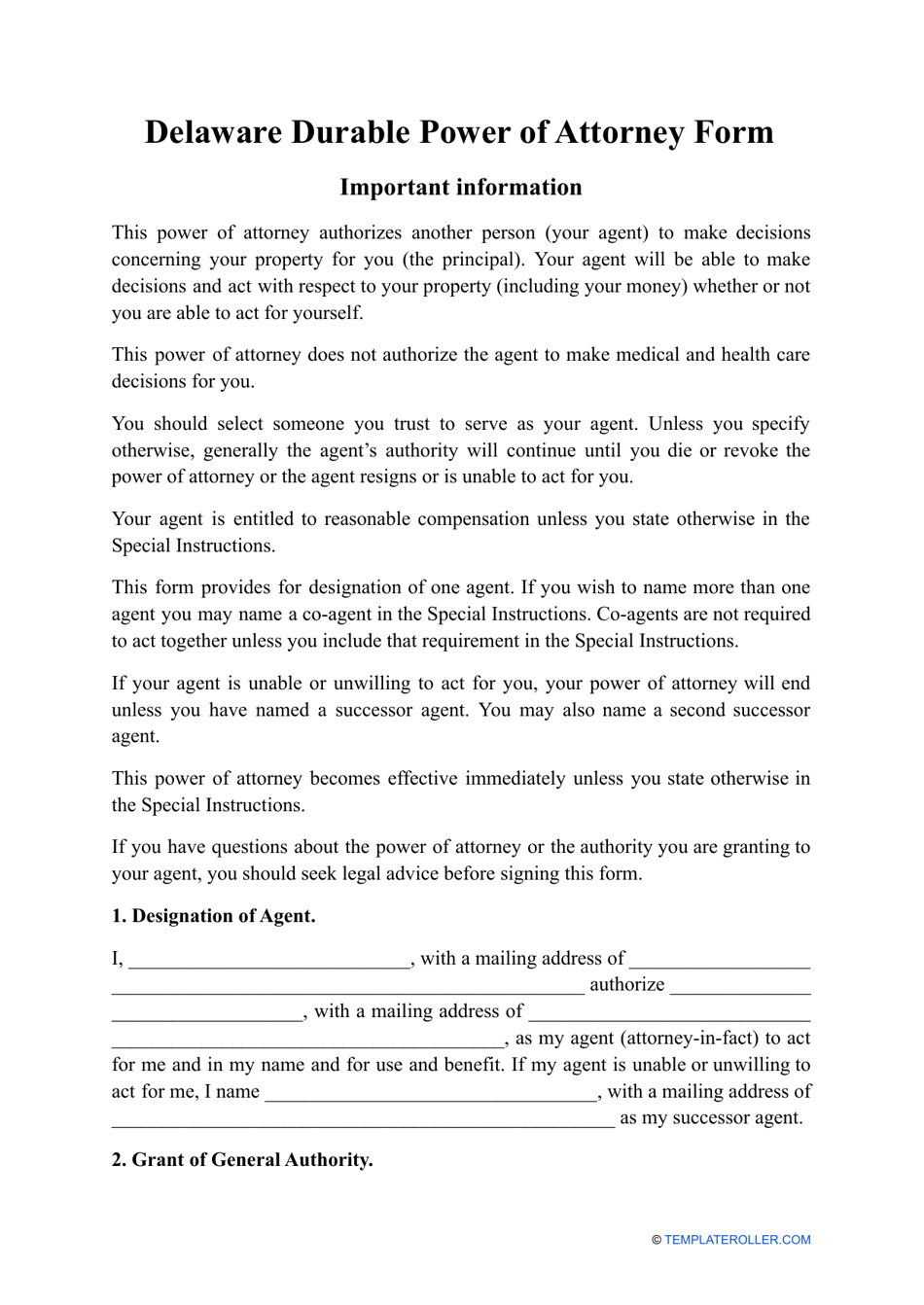 Durable Power of Attorney Form - Delaware, Page 1
