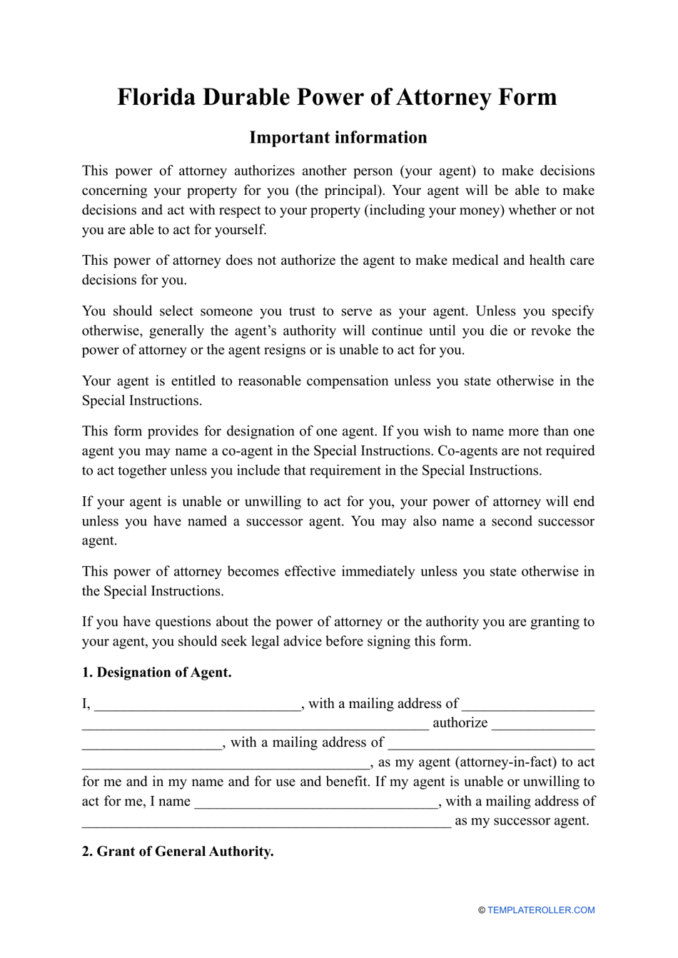 Durable Power of Attorney Form - Florida, Page 1