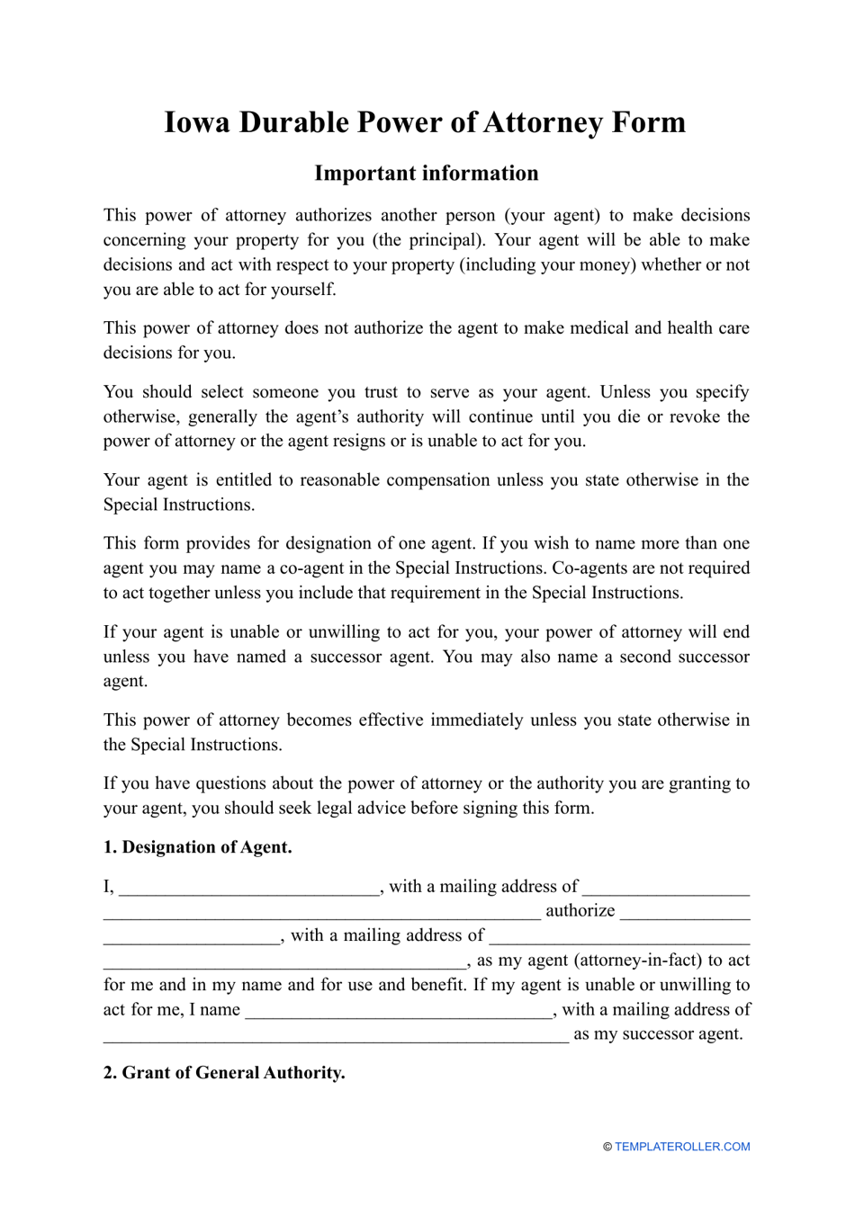 Durable Power of Attorney Form - Iowa, Page 1
