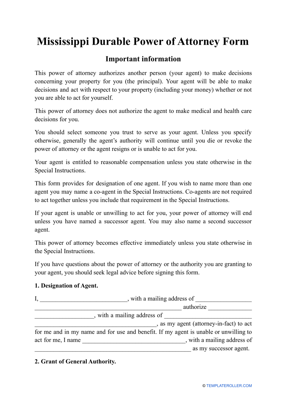 Durable Power of Attorney Form - Mississippi, Page 1