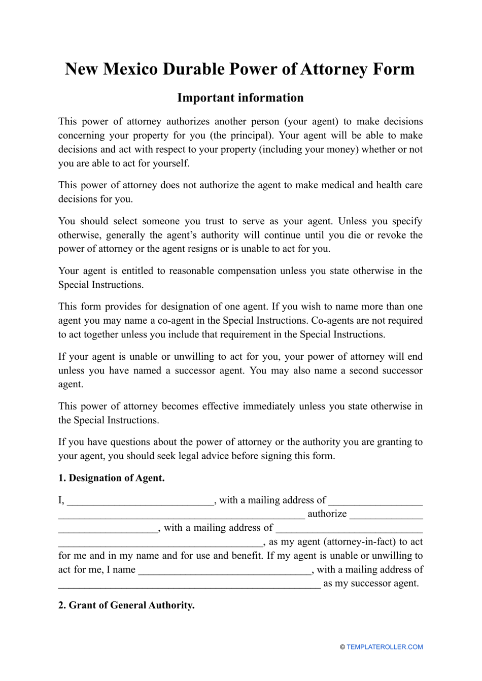 Durable Power of Attorney Form - New Mexico, Page 1