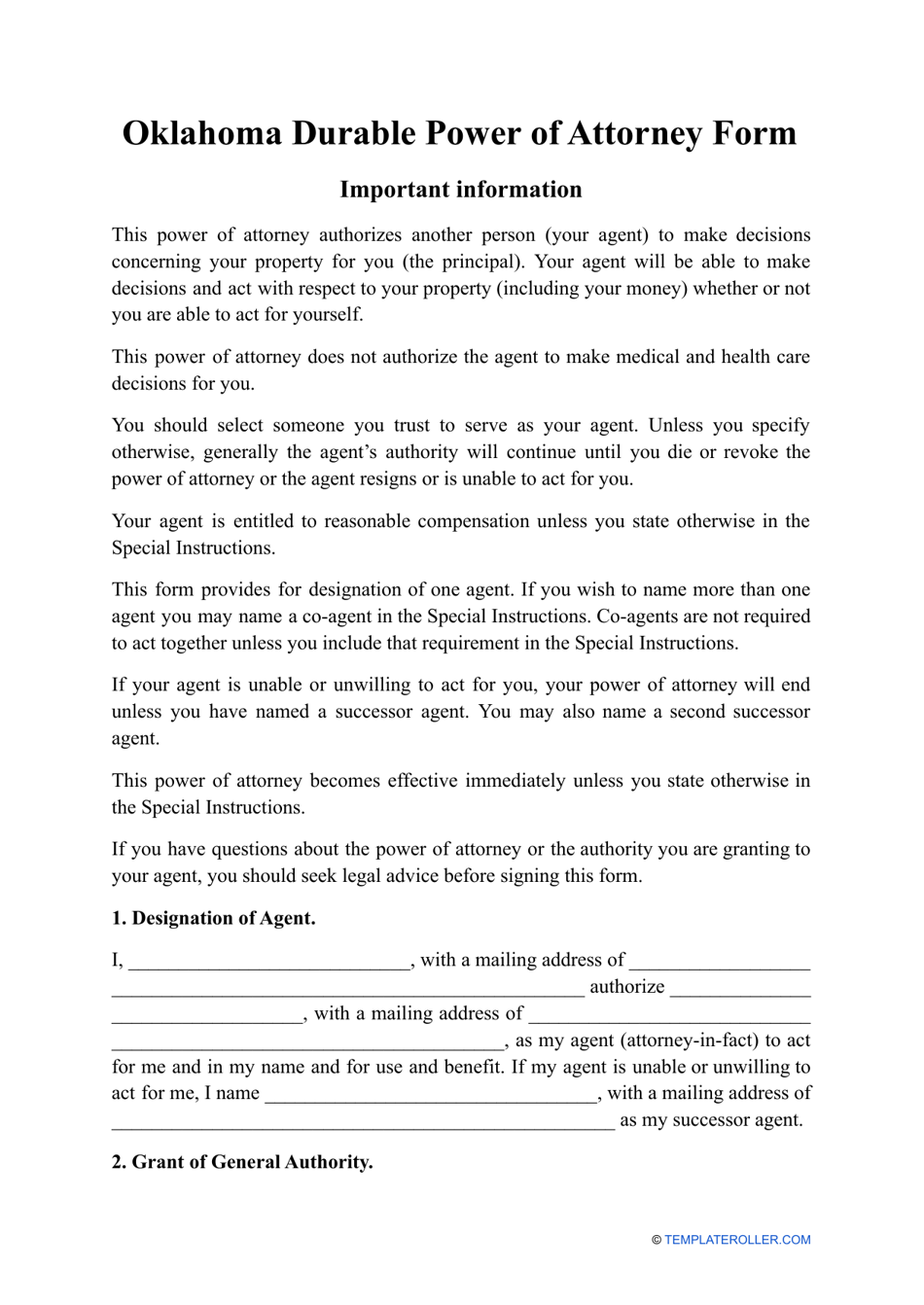 Durable Power of Attorney Form - Oklahoma, Page 1