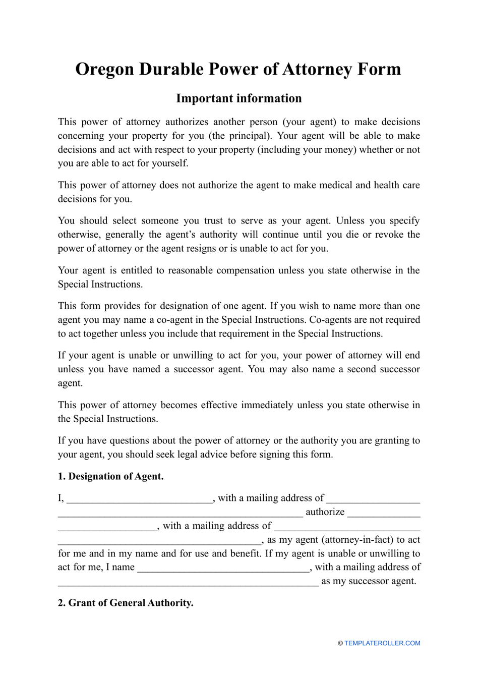 Durable Power of Attorney Form - Oregon, Page 1