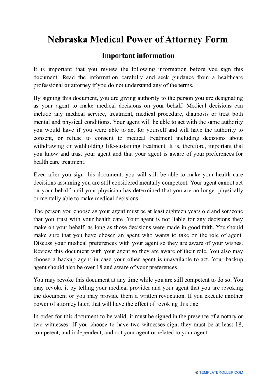 Nebraska Medical Power of Attorney Form Fill Out, Sign Online and