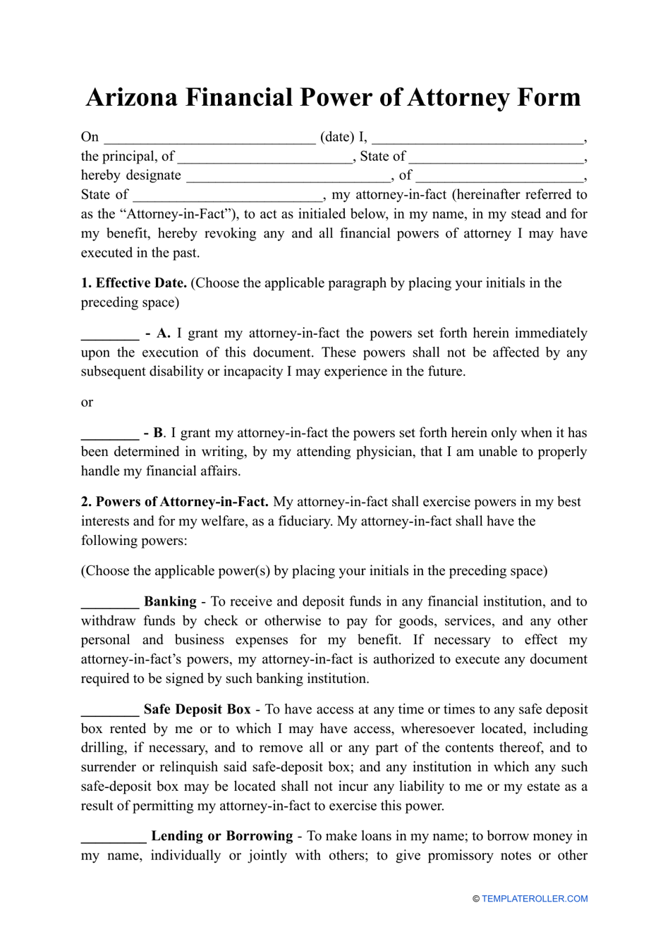 Financial Power of Attorney Form - Arizona, Page 1