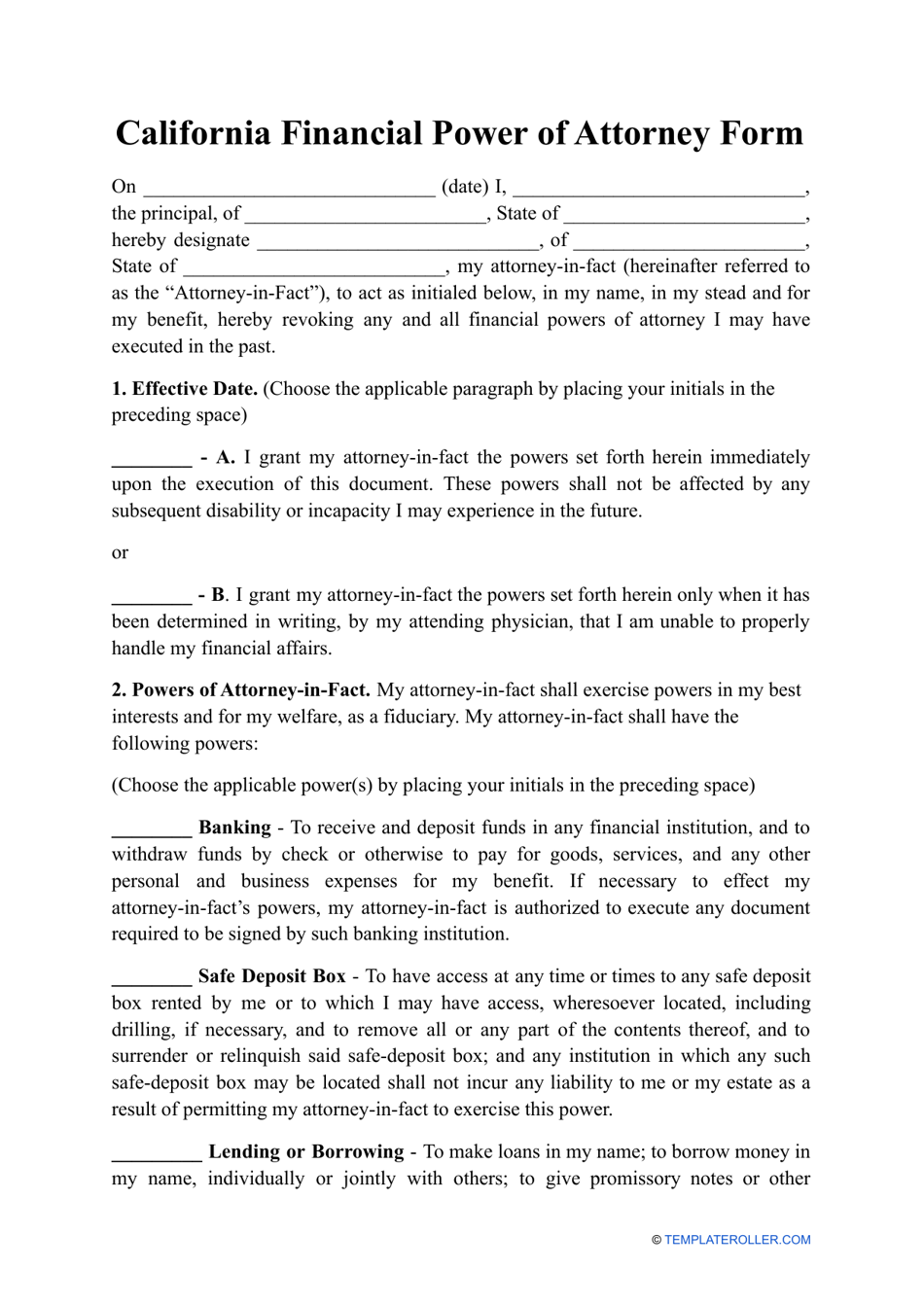 Financial Power of Attorney Form - California, Page 1