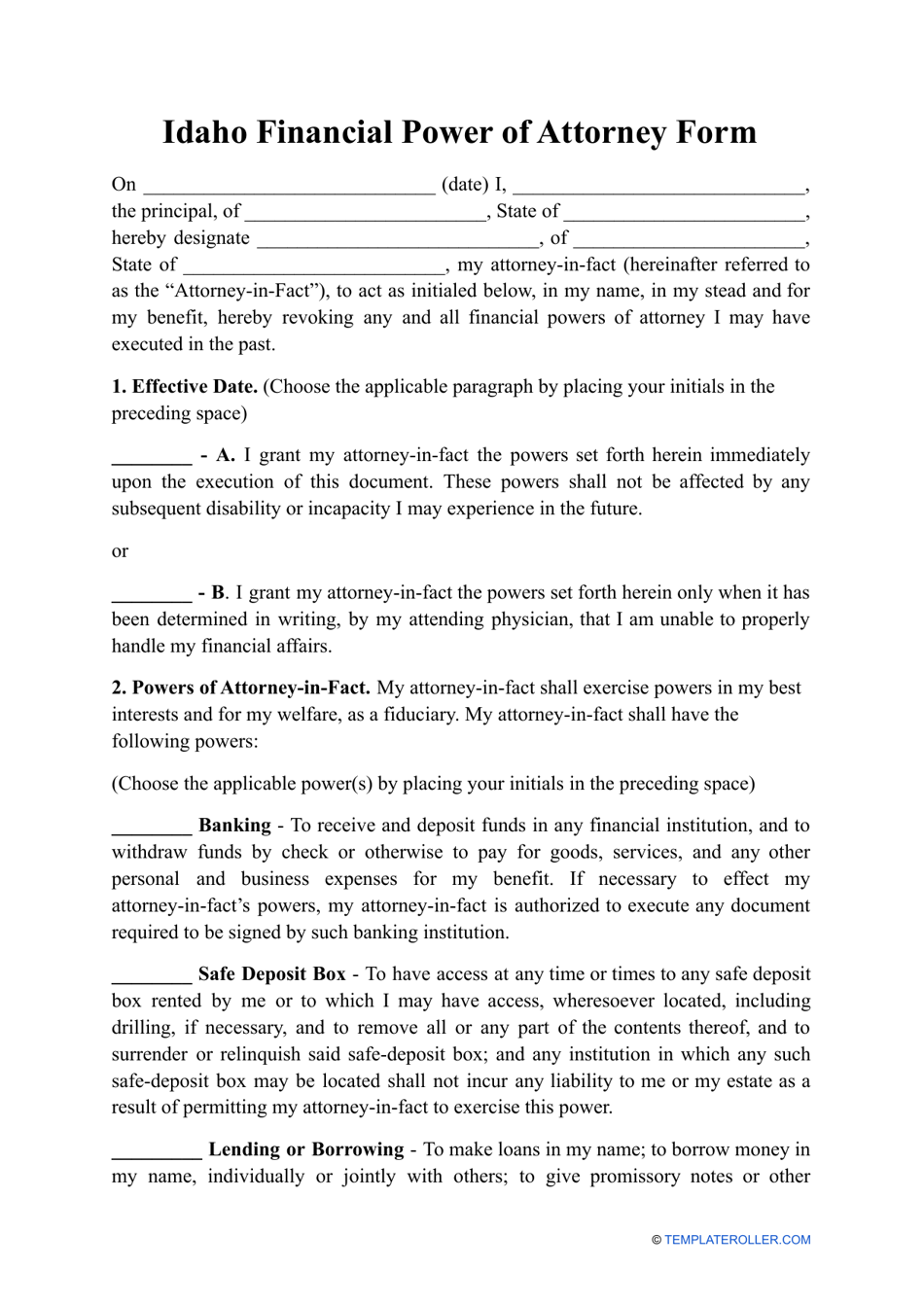 Financial Power of Attorney Form - Idaho, Page 1