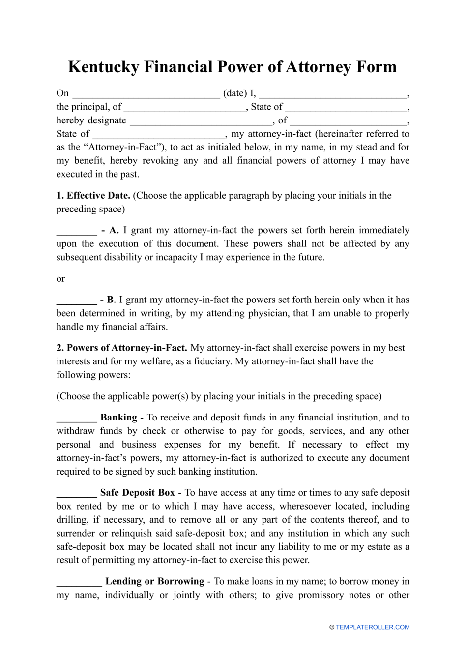 Financial Power of Attorney Form - Kentucky, Page 1