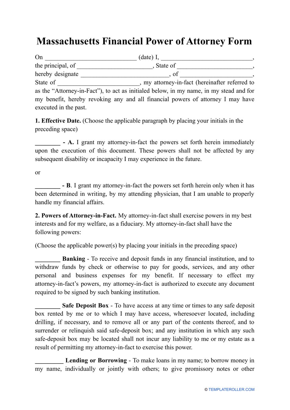 Financial Power of Attorney Form - Massachusetts, Page 1
