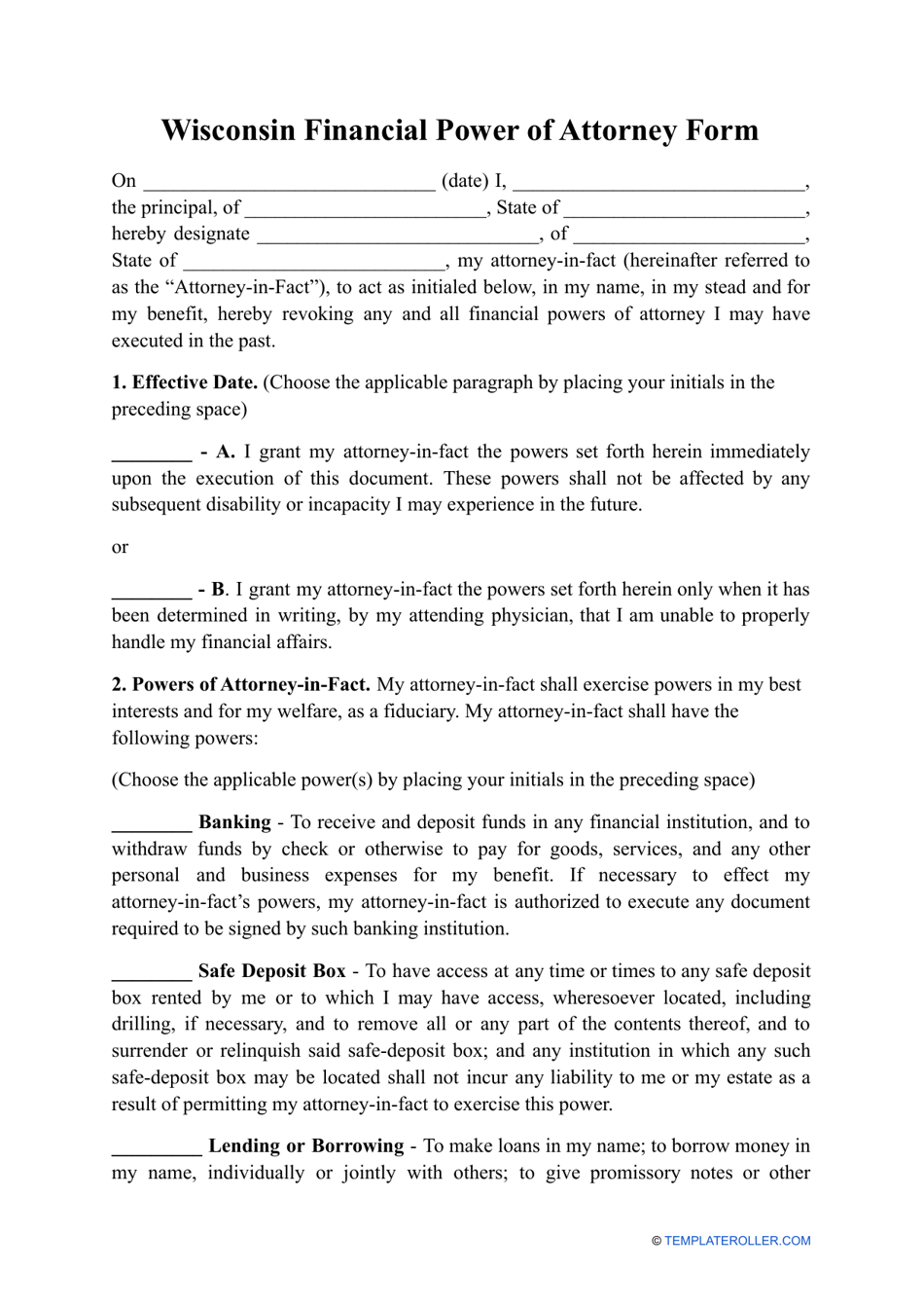 Financial Power of Attorney Form - Wisconsin, Page 1