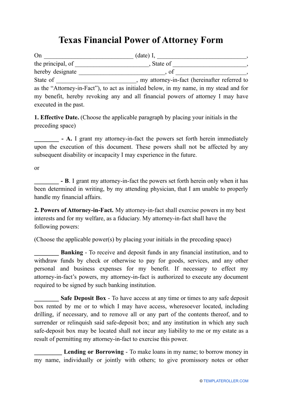 Financial Power of Attorney Form - Texas, Page 1