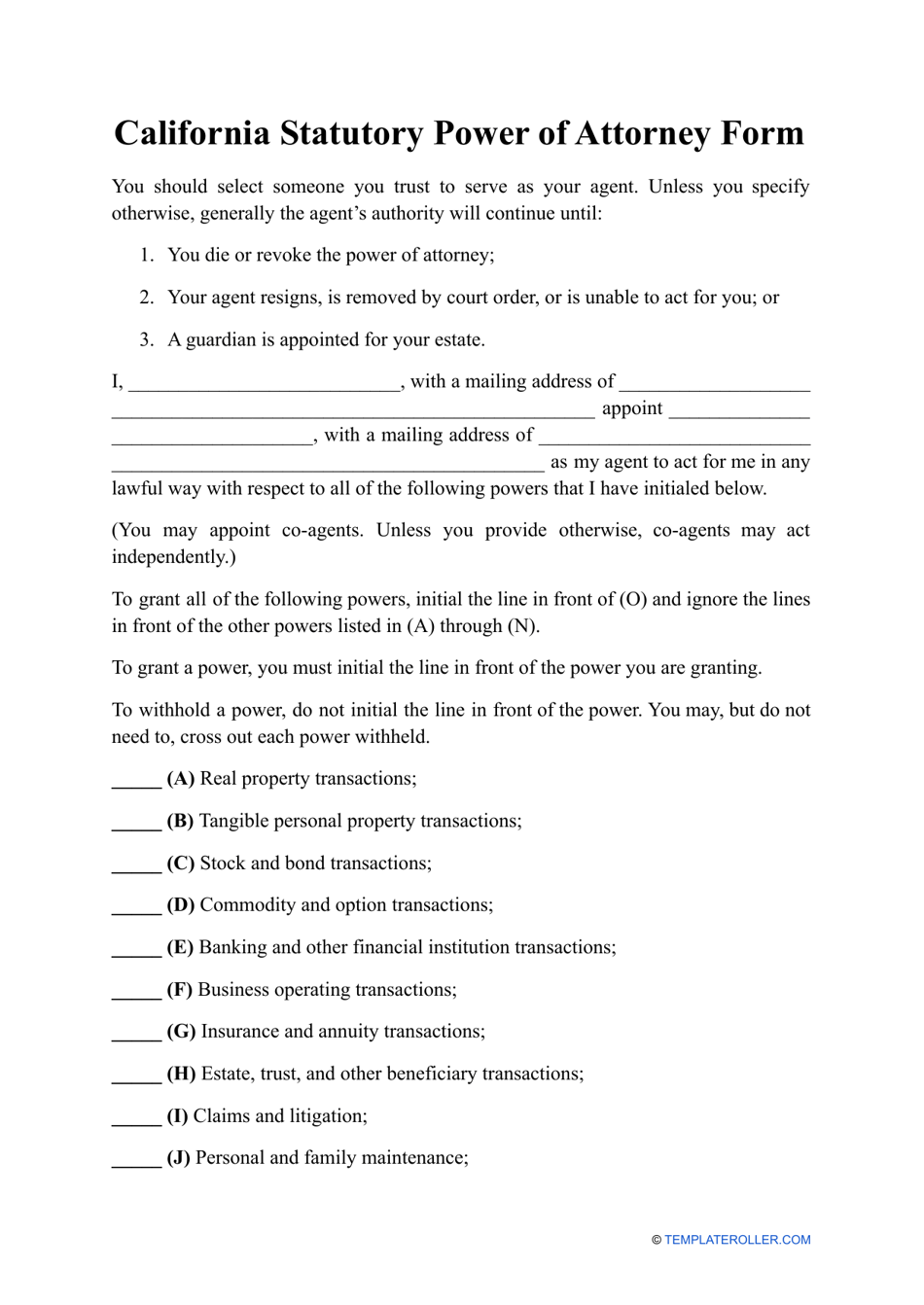 Statutory Power of Attorney Form - California, Page 1