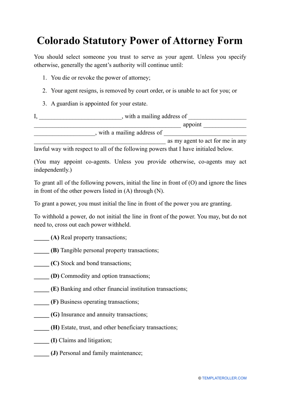 Statutory Power of Attorney Form - With Special Instructions - Colorado, Page 1