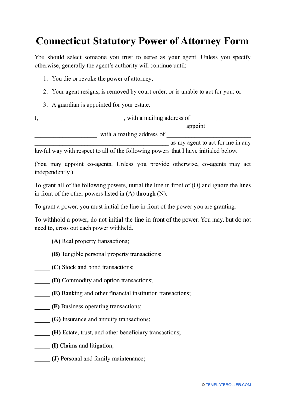 Statutory Power of Attorney Form - Connecticut, Page 1