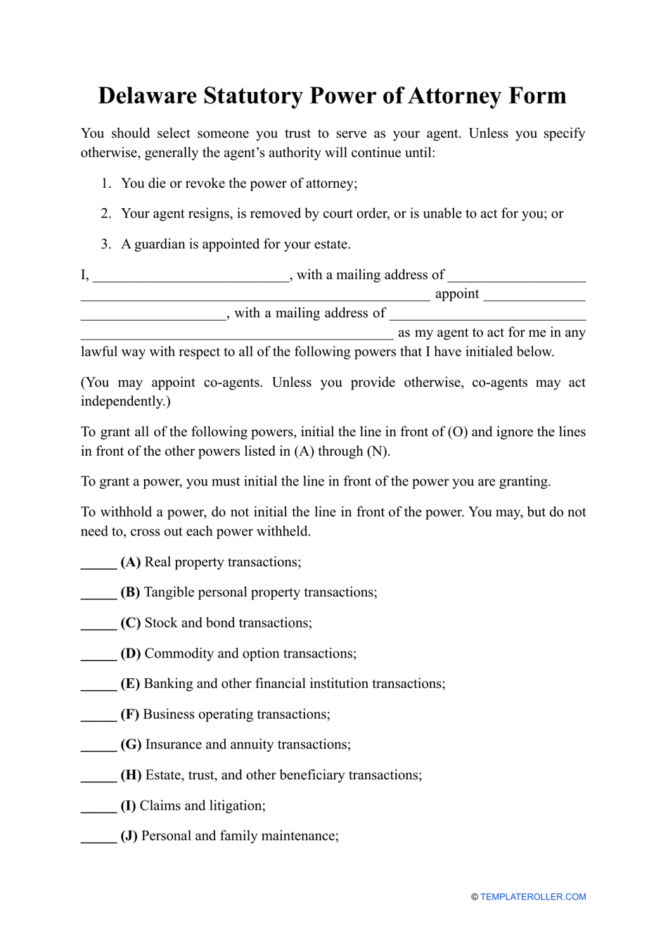 Statutory Power of Attorney Form - Delaware, Page 1